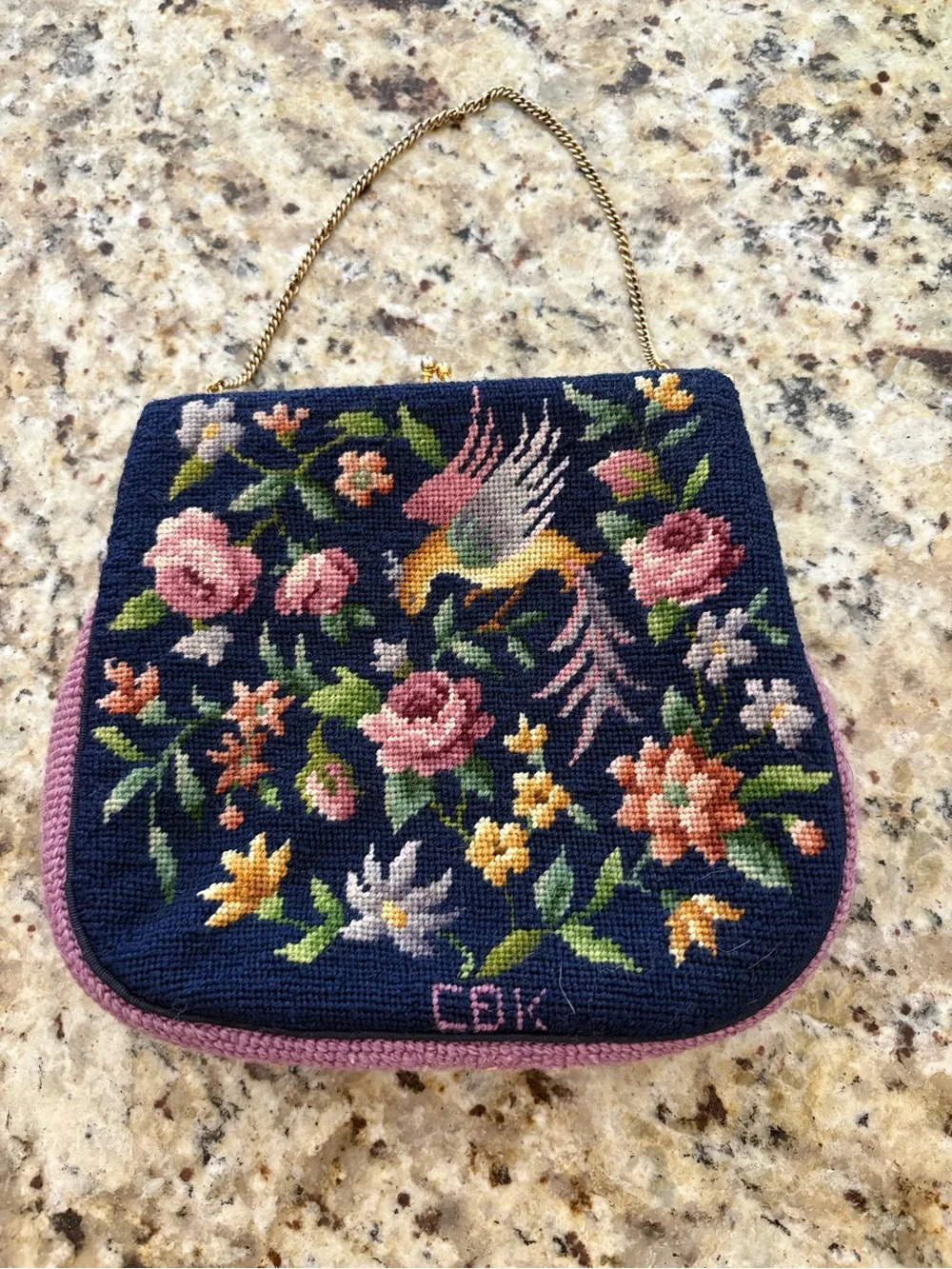 Embroidered Navy Floral Needlepoint Handbag with Pink Trim